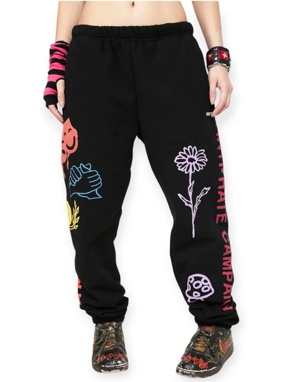 OBEY ANTI HATE UNISEX GRAPHIC JOGGER SWEATPANTS BLACK STREETWEAR PUNK GRUNGE